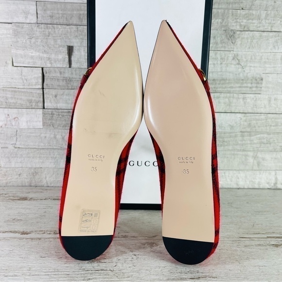 NWT GUCCI Archive Wool Check Pointed Toe Ballet Flats Shoes Red/Black SZ 35 - Picture 11 of 16